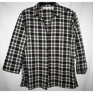 Victoria Jones Black White Plaid 3/4 Sleeve Shirt Medium